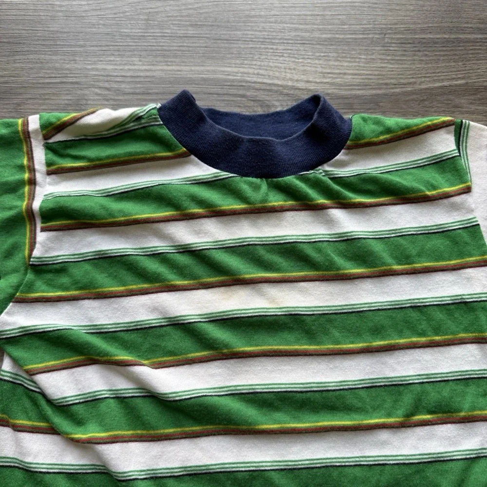 VTG 70s 80s Single Stitch Kids Green Striped Patterned T Shirt Beach Grunge L